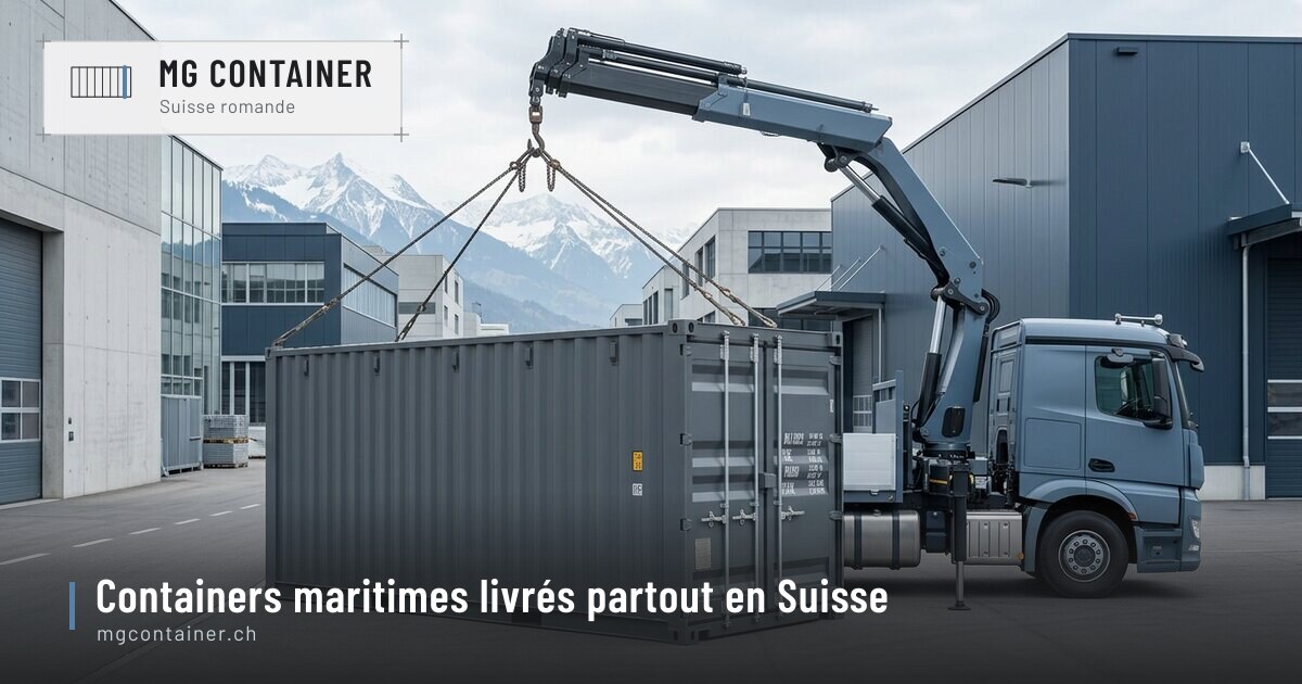 Livraison d’un container par camion-grue en Suisse
